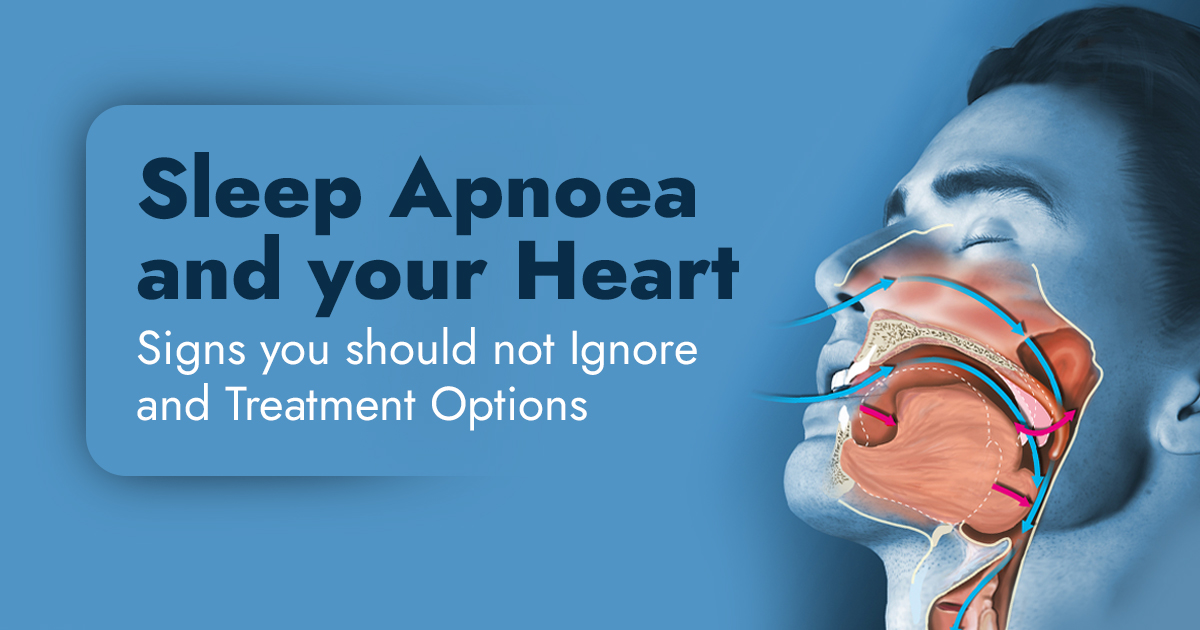 Banner about sleep apnea and heart health with the headline “Sleep Apnea and your Heart” and subtitle, beside a sagittal airway diagram in blue tones.